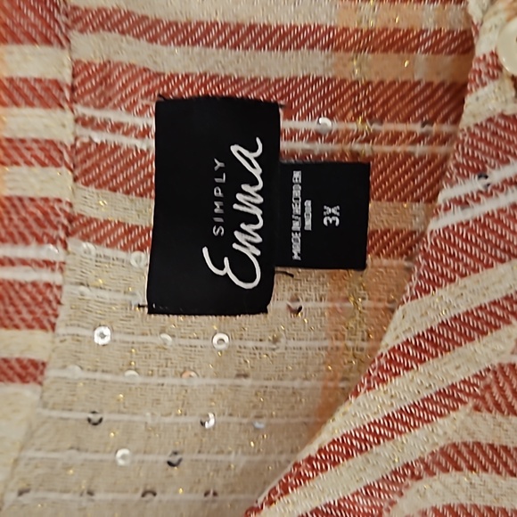SIMPLY EMMA red pink white plaid silver thread sequin accent button down 3X - Picture 4 of 10